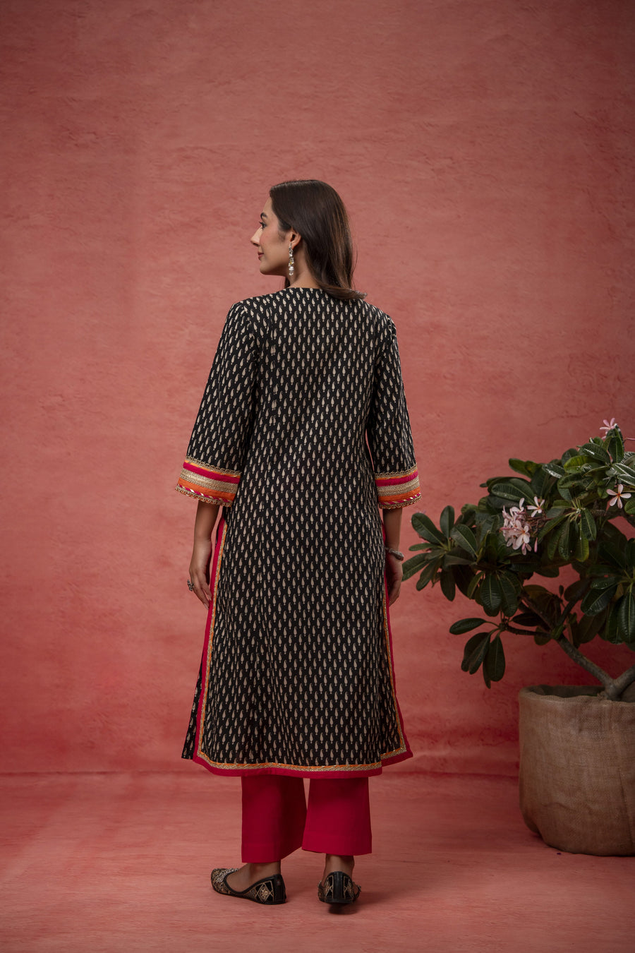 Gota Patti Embroidery Black Cotton Suit Set with Kota Doria Dupatta