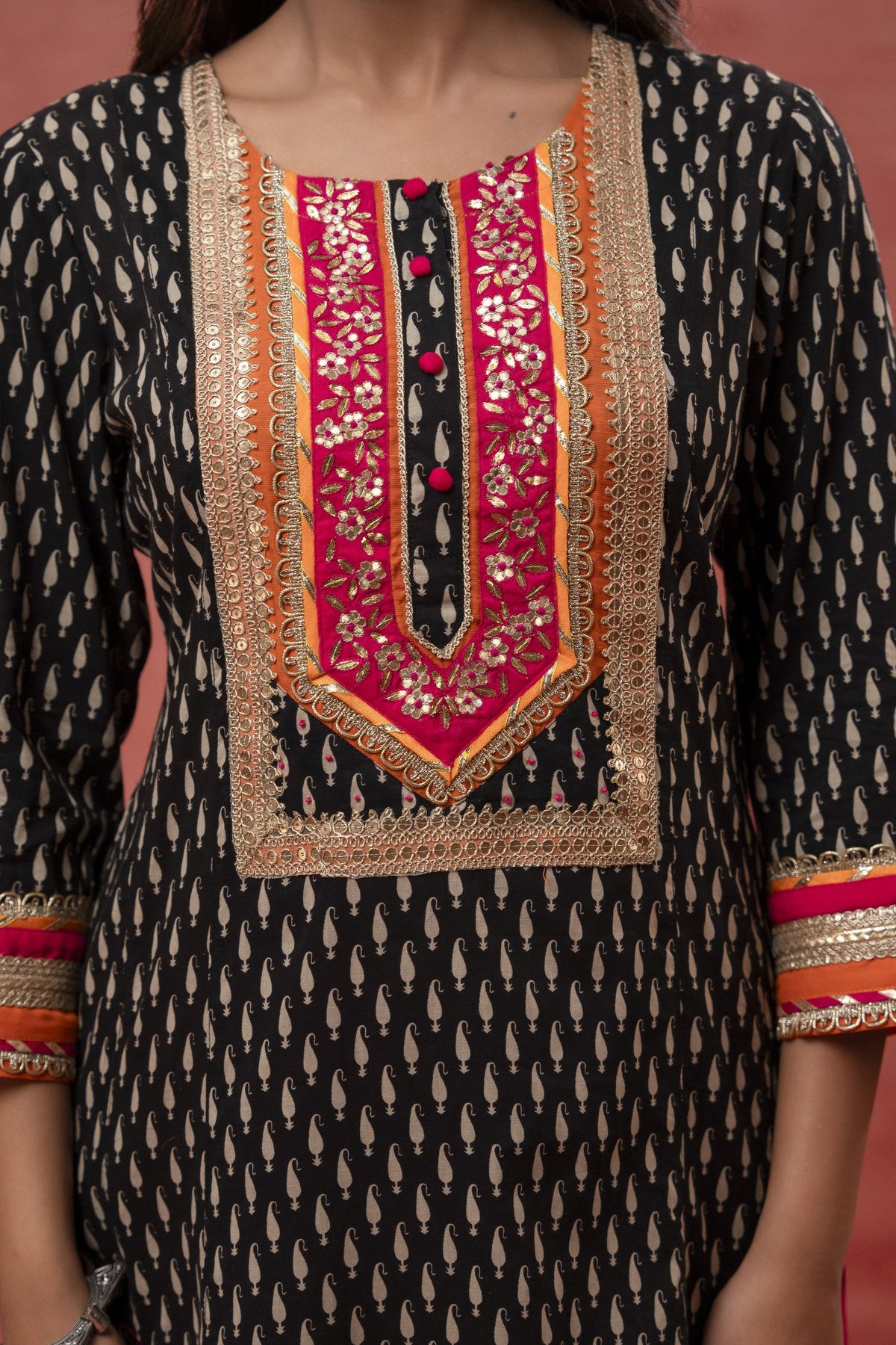 Gota Patti Embroidery Black Cotton Suit Set with Kota Doria Dupatta