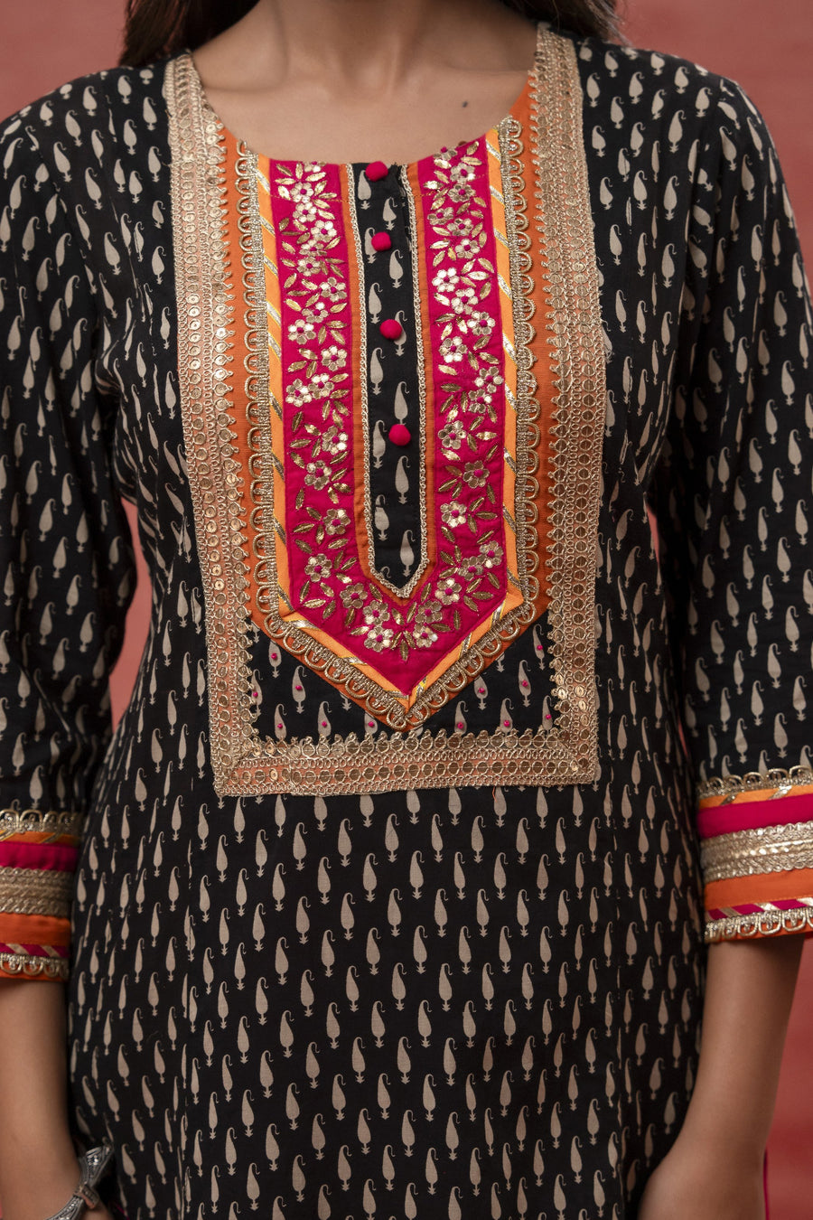 Gota Patti Embroidery Black Cotton Suit Set with Kota Doria Dupatta