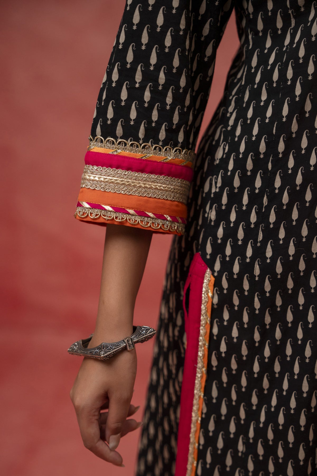 Gota Patti Embroidery Black Cotton Suit Set with Kota Doria Dupatta