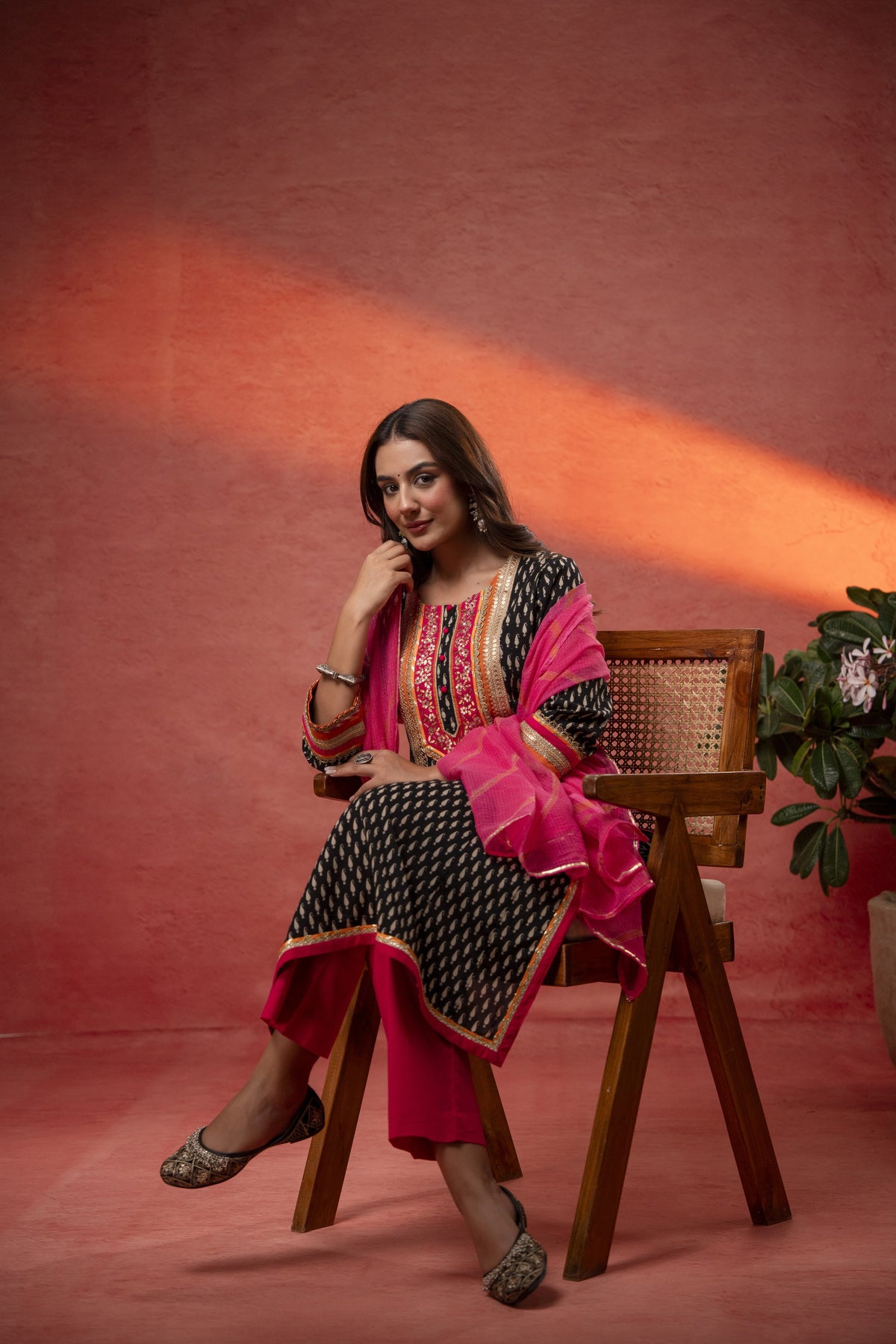 Gota Patti Embroidery Black Cotton Suit Set with Kota Doria Dupatta