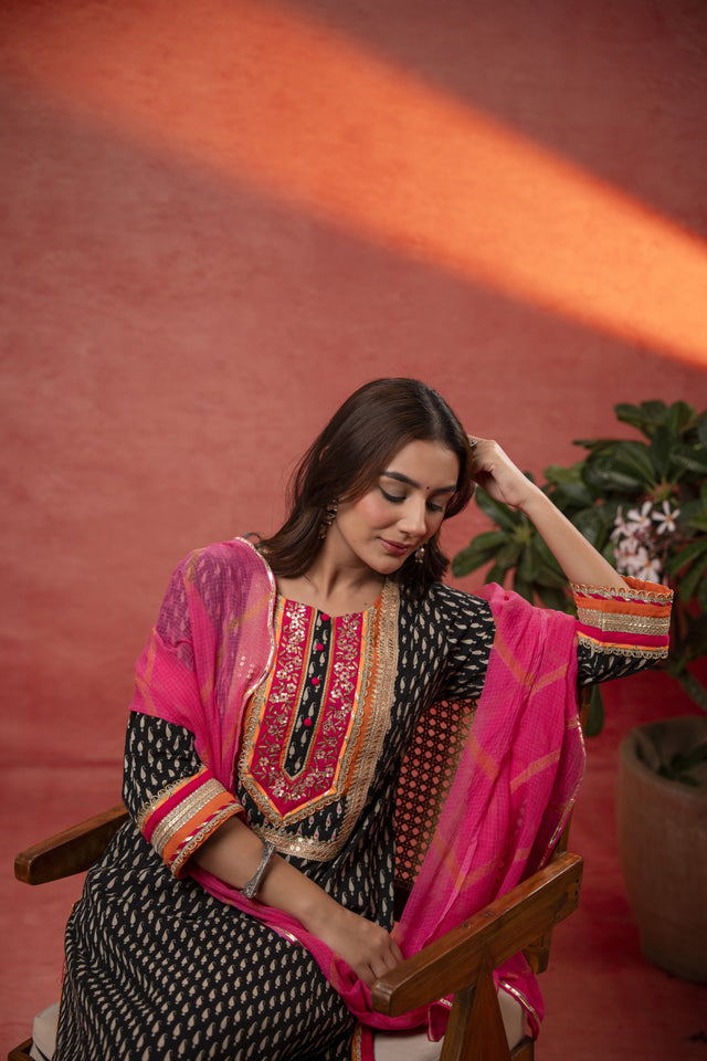 Gota Patti Embroidery Black Cotton Suit Set with Kota Doria Dupatta
