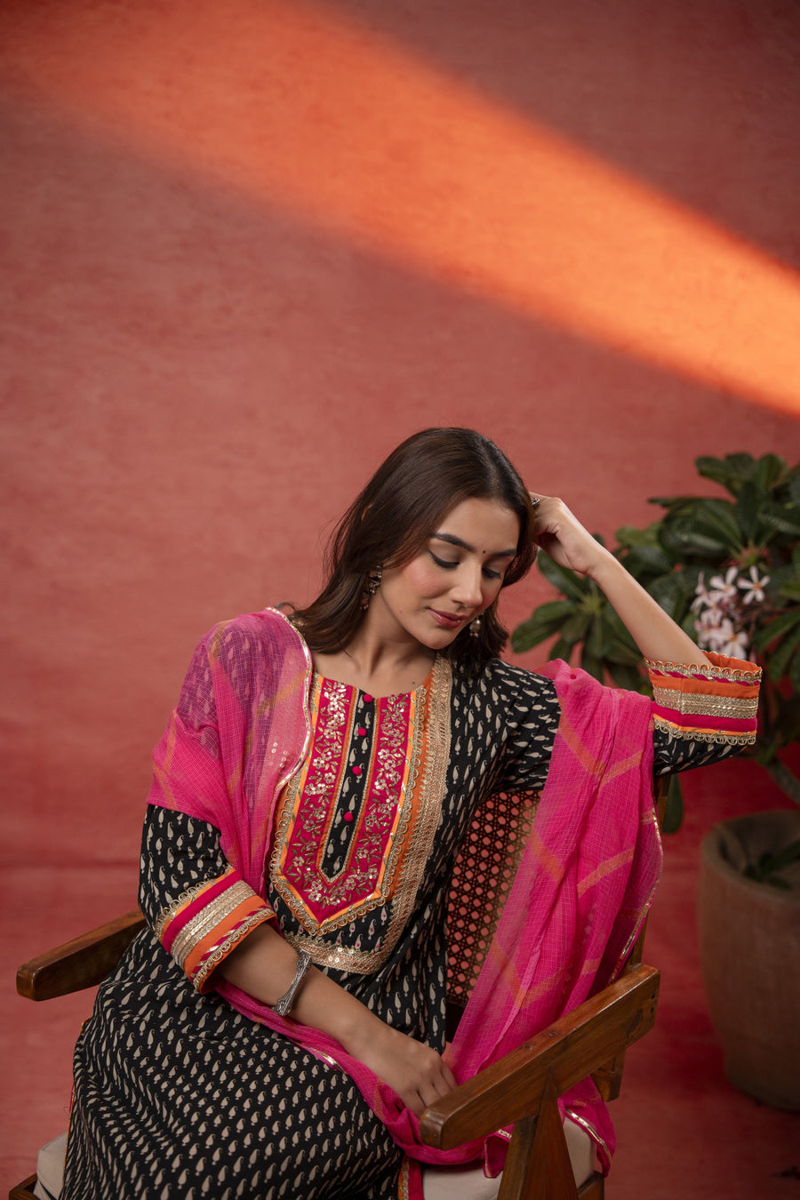 Gota Patti Embroidery Black Cotton Suit Set with Kota Doria Dupatta