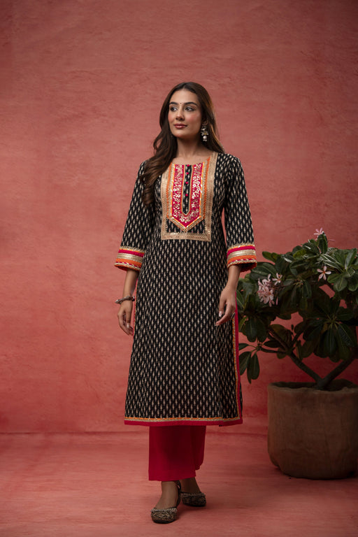 Gota Patti Embroidery Black Cotton Suit Set with Kota Doria Dupatta