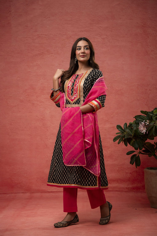 Gota Patti Embroidery Black Cotton Suit Set with Kota Doria Dupatta