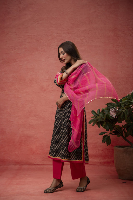 Gota Patti Embroidery Black Cotton Suit Set with Kota Doria Dupatta