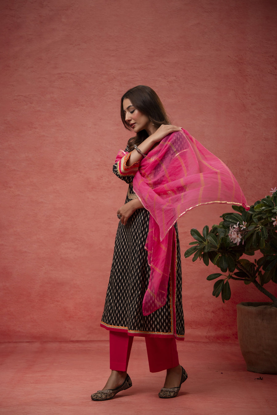 Gota Patti Embroidery Black Cotton Suit Set with Kota Doria Dupatta