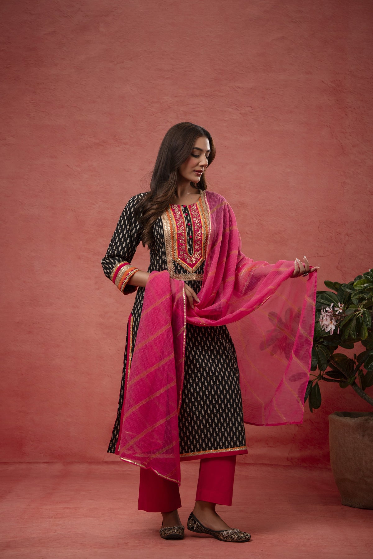 Gota Patti Embroidery Black Cotton Suit Set with Kota Doria Dupatta