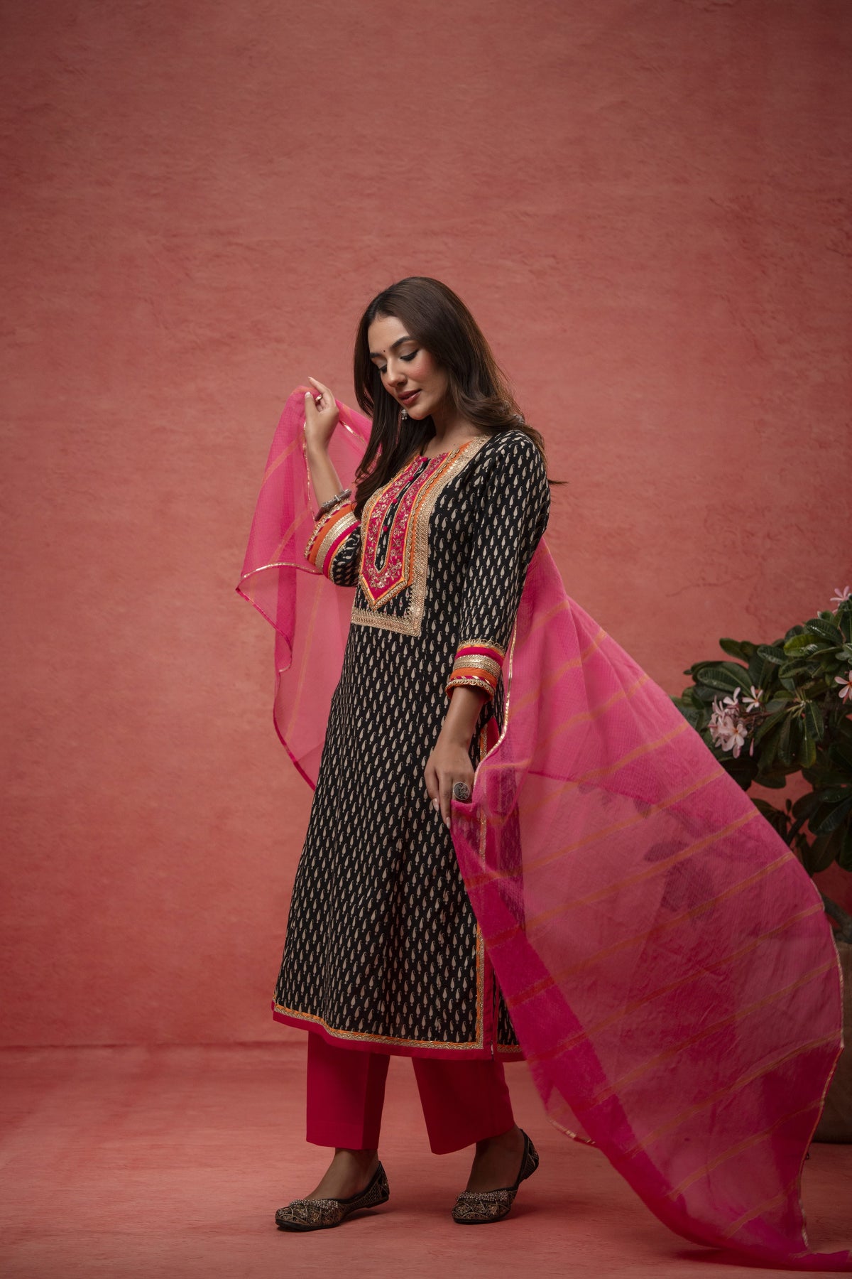 Gota Patti Embroidery Black Cotton Suit Set with Kota Doria Dupatta