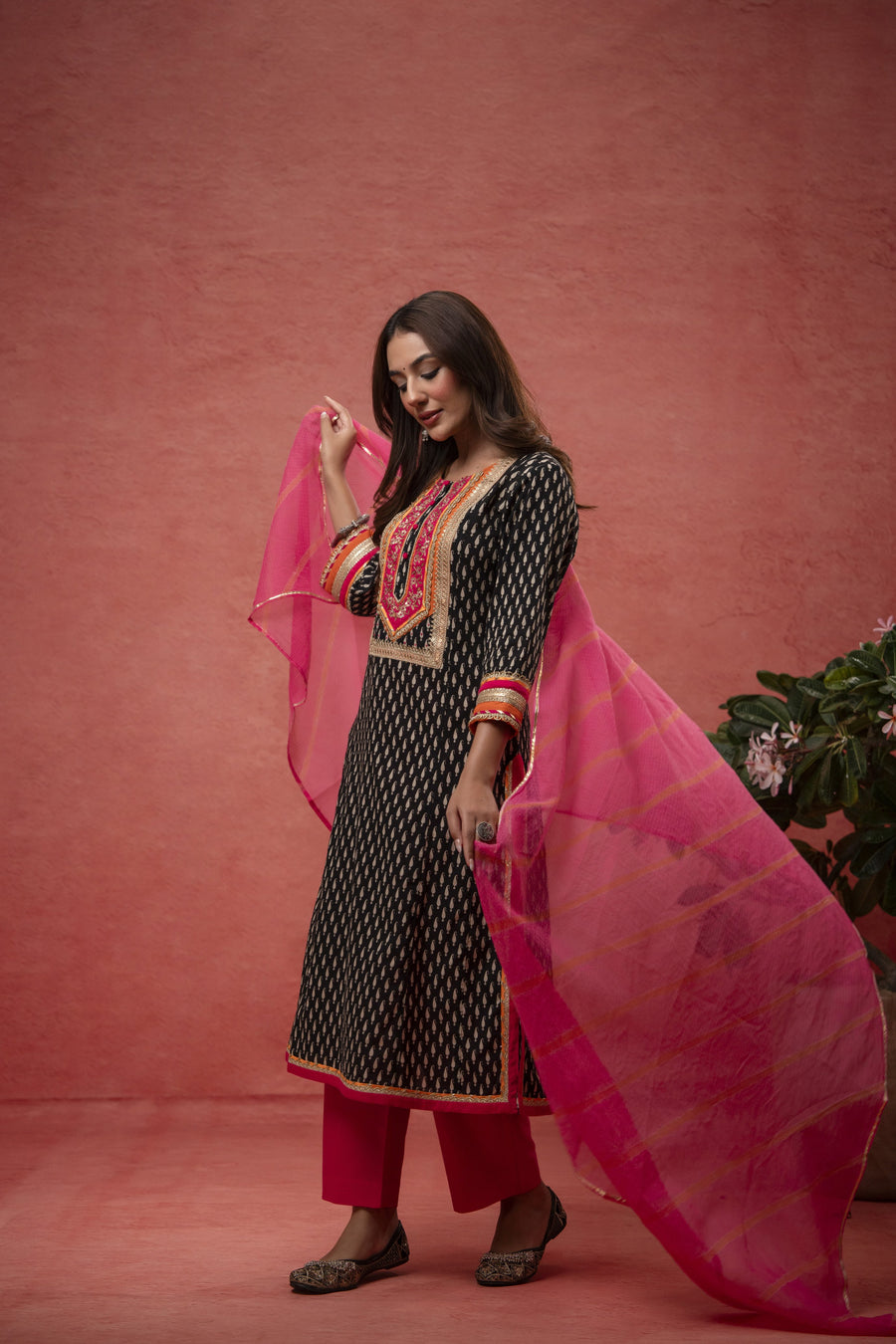 Gota Patti Embroidery Black Cotton Suit Set with Kota Doria Dupatta