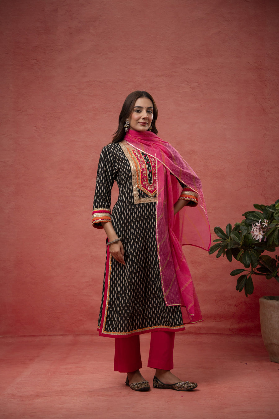 Gota Patti Embroidery Black Cotton Suit Set with Kota Doria Dupatta