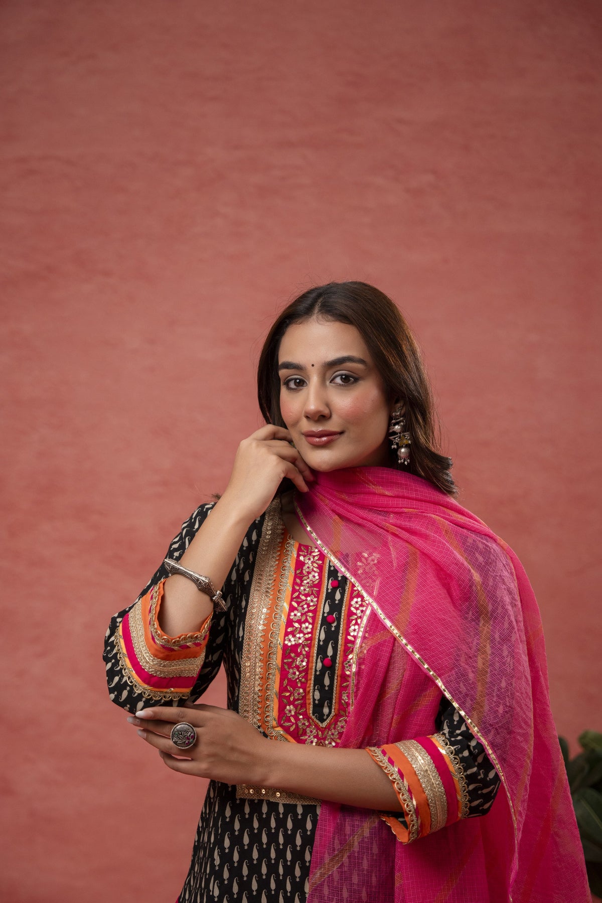 Gota Patti Embroidery Black Cotton Suit Set with Kota Doria Dupatta