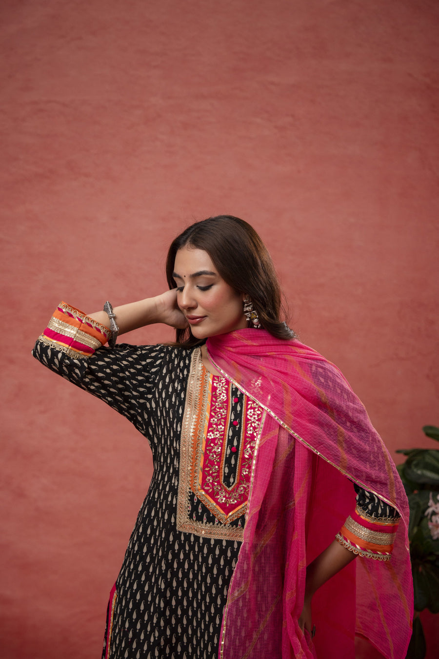 Gota Patti Embroidery Black Cotton Suit Set with Kota Doria Dupatta