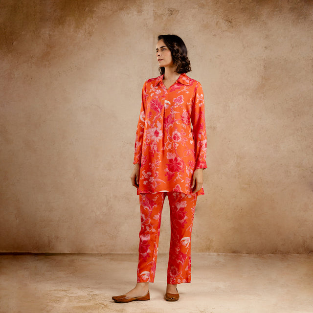 Orange Modal Full Sleeves Shirt Collar Co-Ord Set