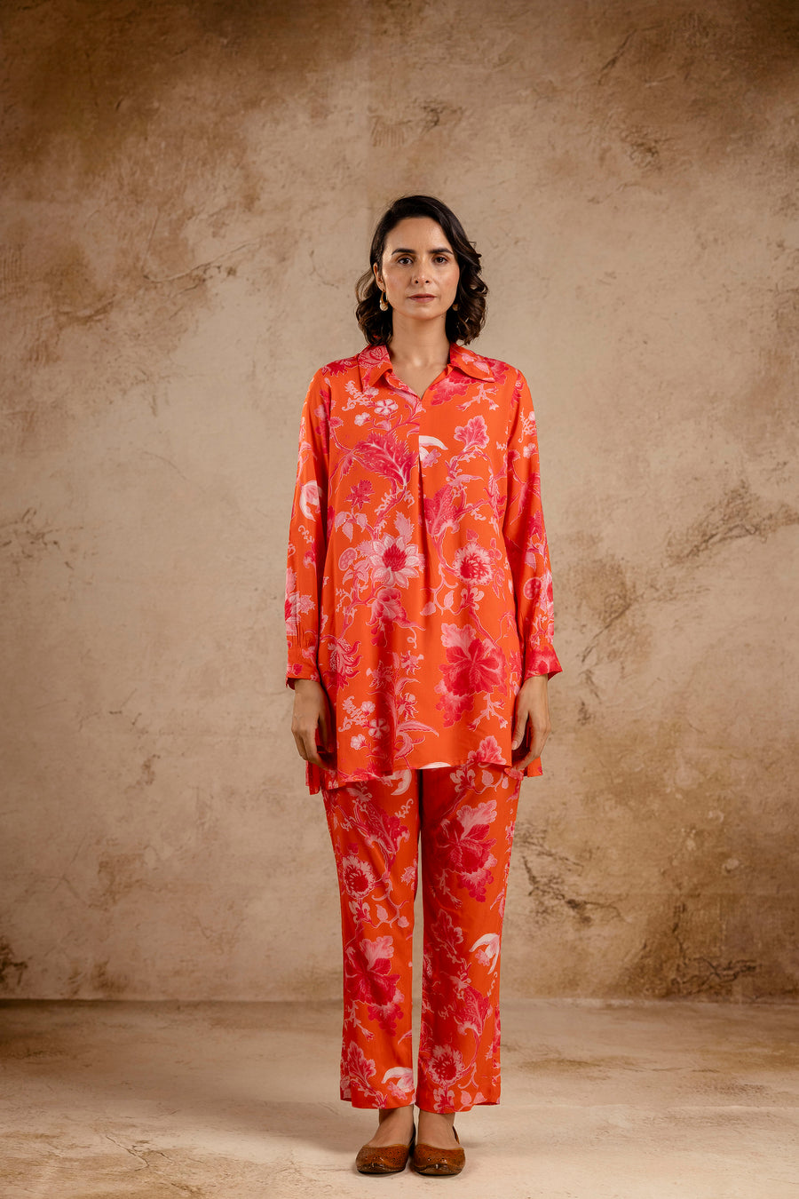 Orange Modal Full Sleeves Shirt Collar Co-Ord Set