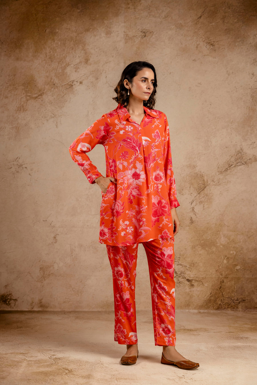 Orange Modal Full Sleeves Shirt Collar Co-Ord Set