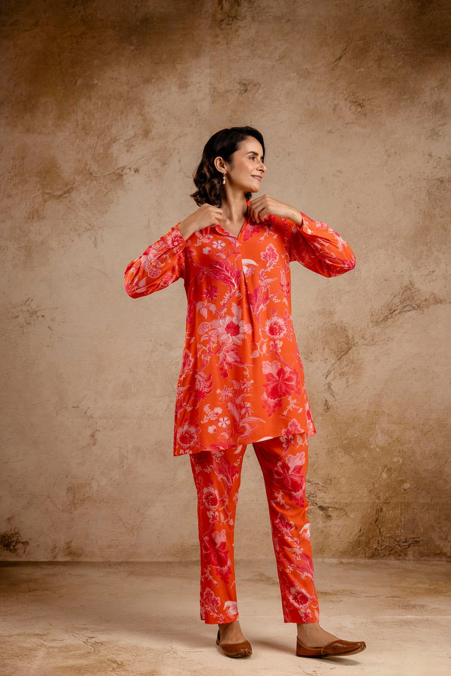 Orange Modal Full Sleeves Shirt Collar Co-Ord Set