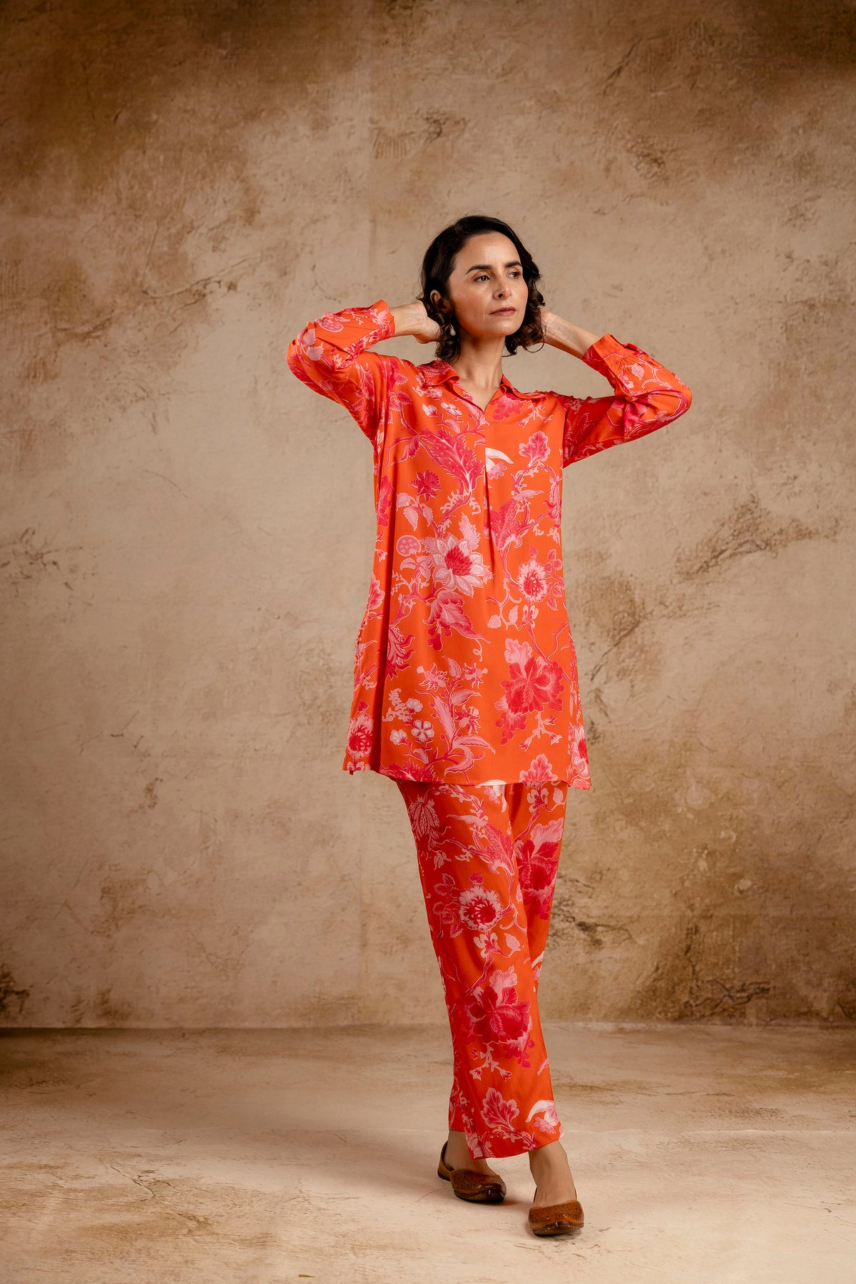 Orange Modal Full Sleeves Shirt Collar Co-Ord Set