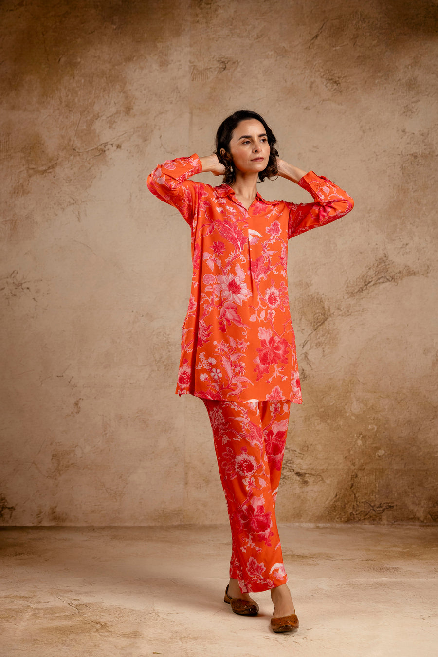 Orange Modal Full Sleeves Shirt Collar Co-Ord Set