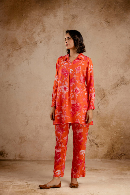 Orange Modal Full Sleeves Shirt Collar Co-Ord Set