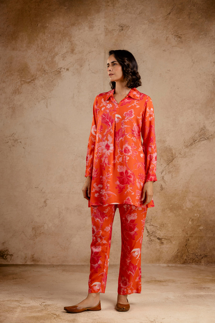 Orange Modal Full Sleeves Shirt Collar Co-Ord Set
