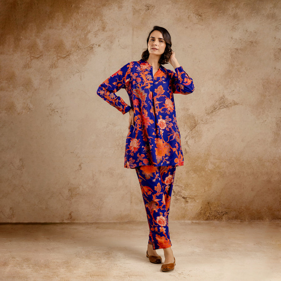 Blue Modal Full Sleeves Shirt Collar Co-Ord Set