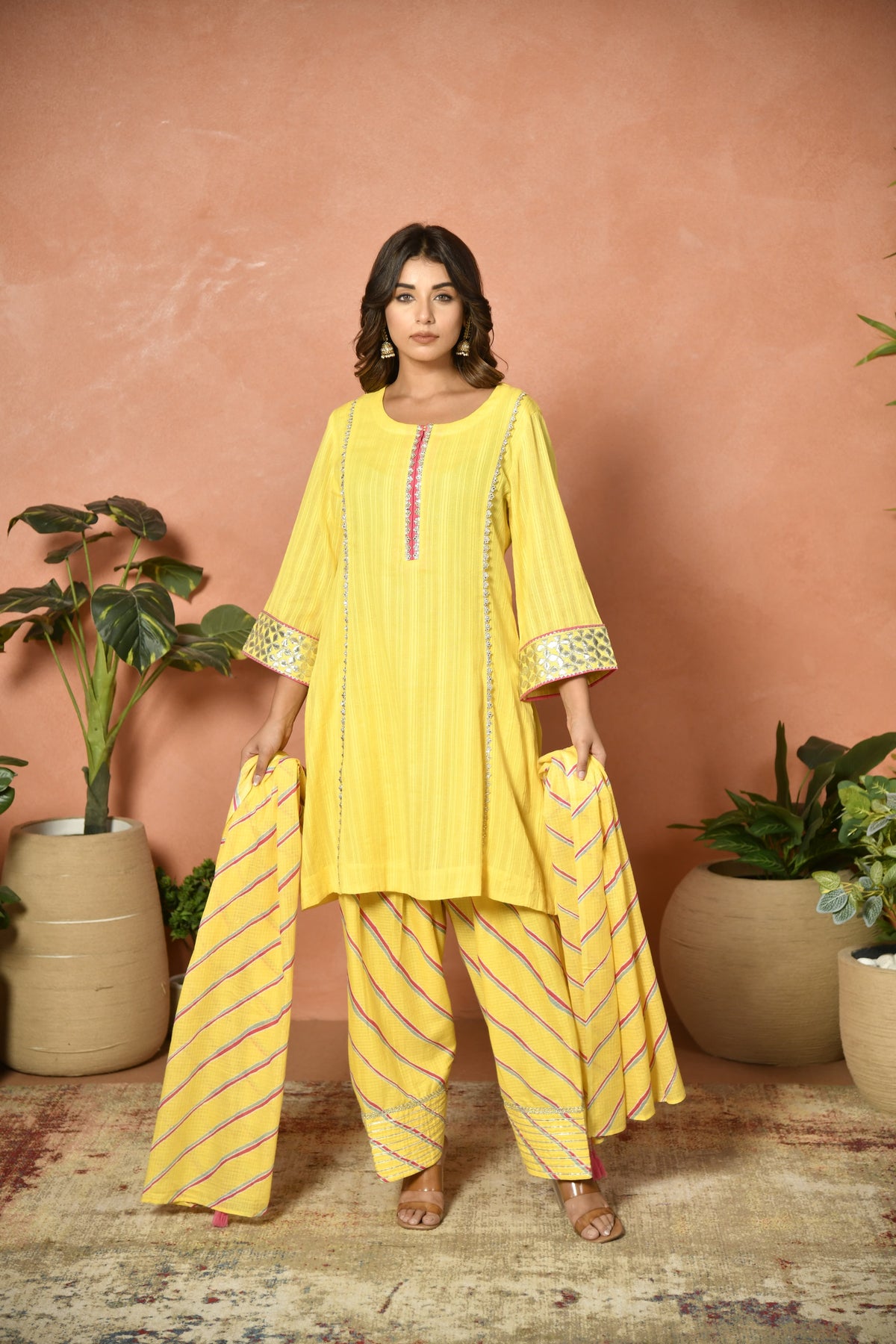 Yellow festive embroidered cotton suit set - product detail - EKOHUM