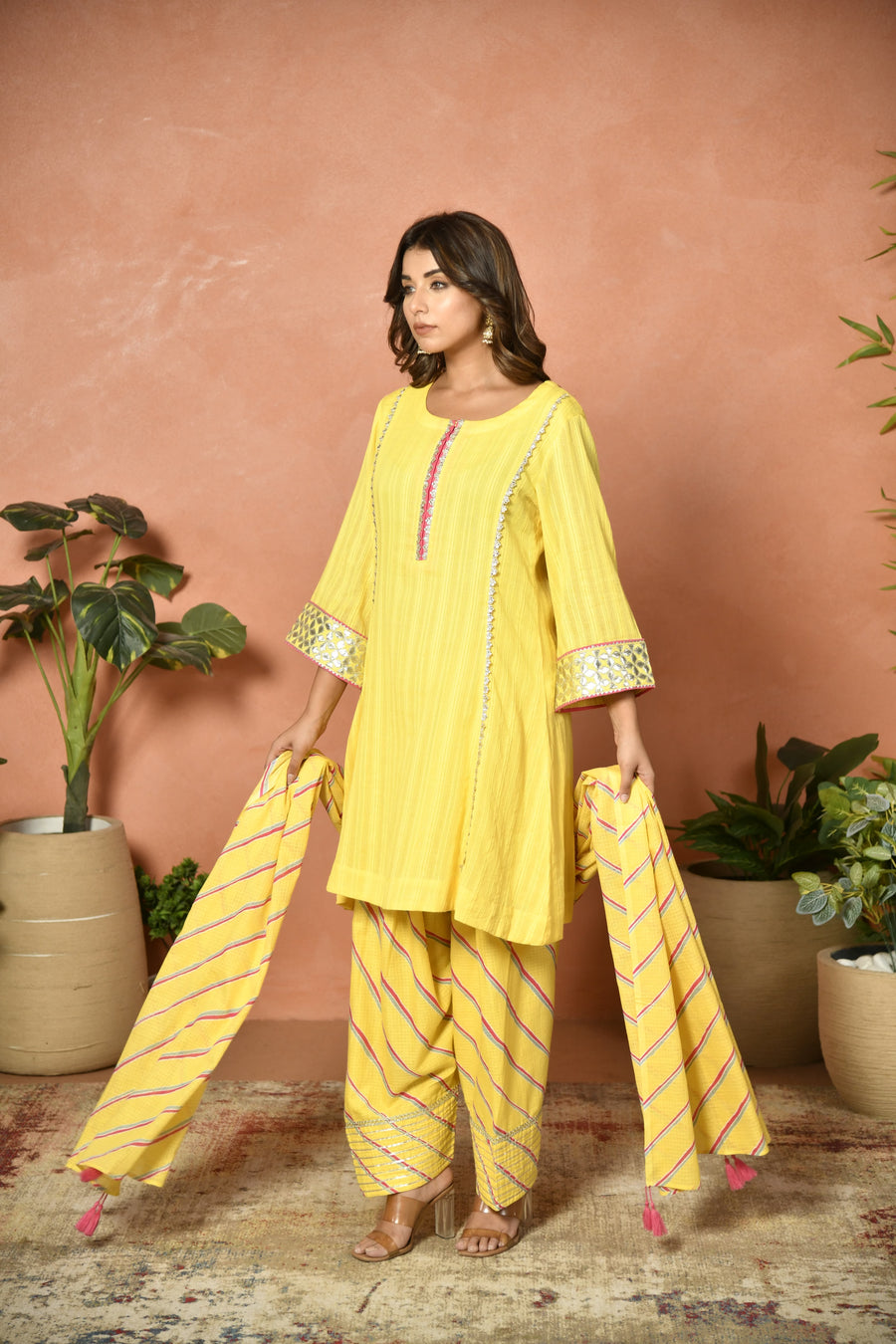 Yellow festive embroidered cotton suit set - front view - EKOHUM