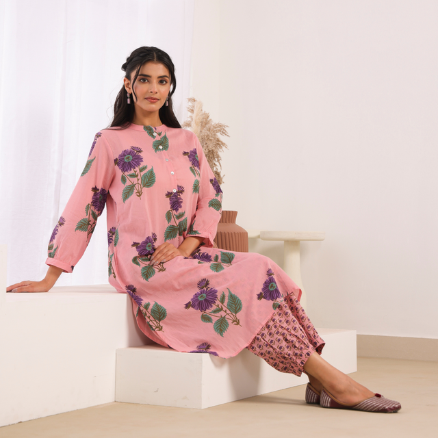 Pink Printed Cotton Mulmul Kurta Afghani Salwar Set