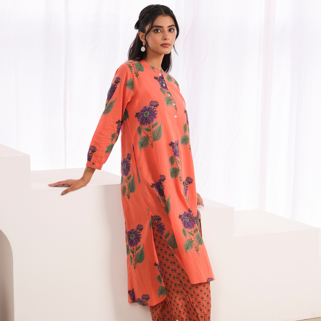 Orange Printed Cotton Mulmul Kurta Afghani Salwar Set