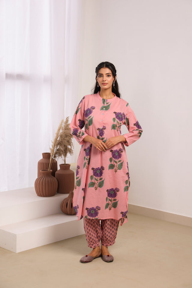 Pink Printed Cotton Mulmul Kurta Afghani Salwar Set
