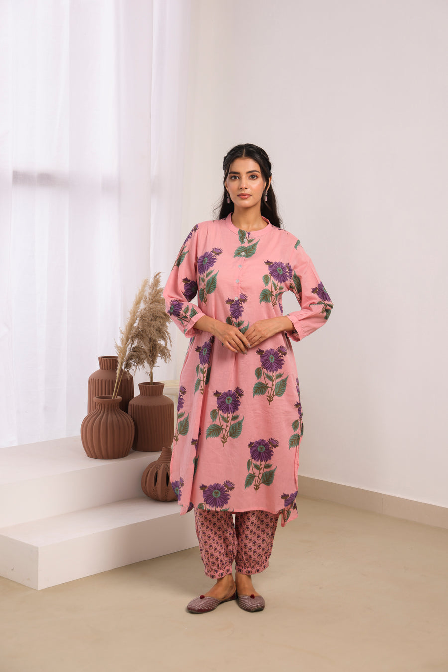 Pink Printed Cotton Mulmul Kurta Afghani Salwar Set