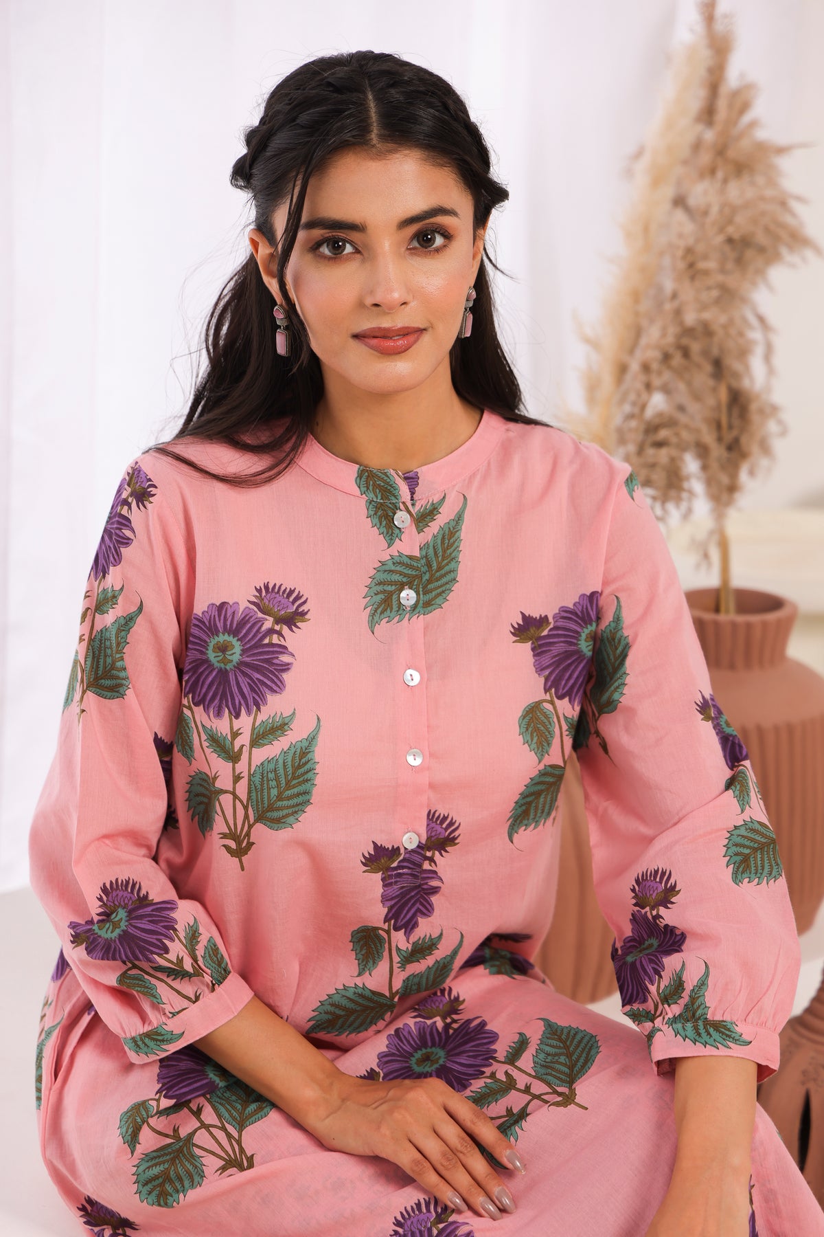 Pink Printed Cotton Mulmul Kurta Afghani Salwar Set