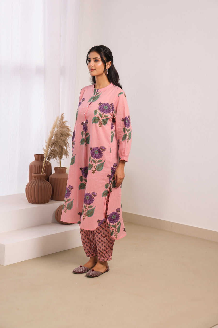 Pink Printed Cotton Mulmul Kurta Afghani Salwar Set