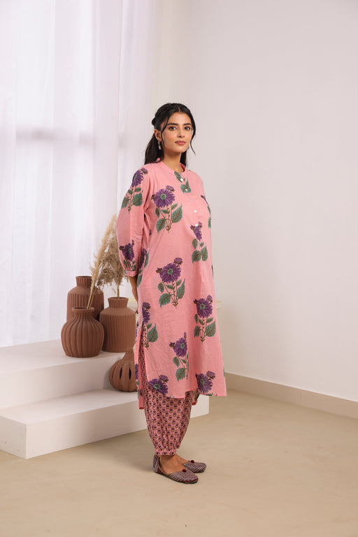 Pink Printed Cotton Mulmul Kurta Afghani Salwar Set