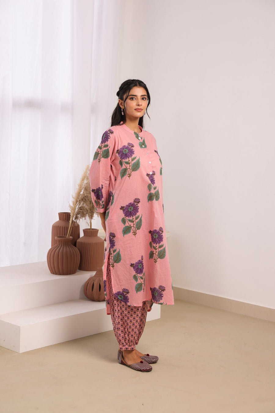 Pink Printed Cotton Mulmul Kurta Afghani Salwar Set