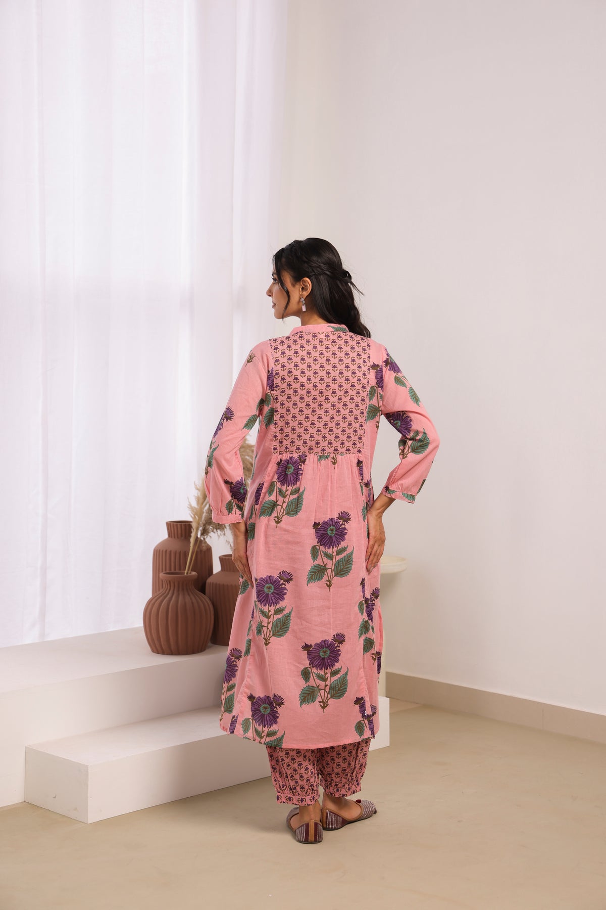 Pink Printed Cotton Mulmul Kurta Afghani Salwar Set