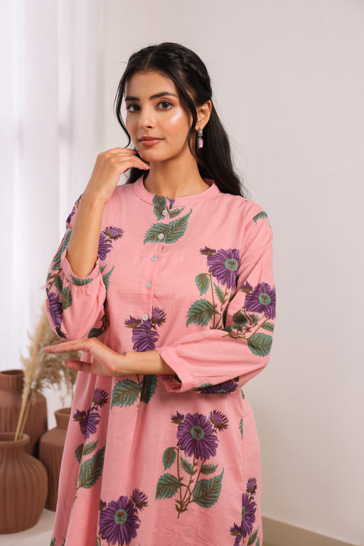 Pink Printed Cotton Mulmul Kurta Afghani Salwar Set
