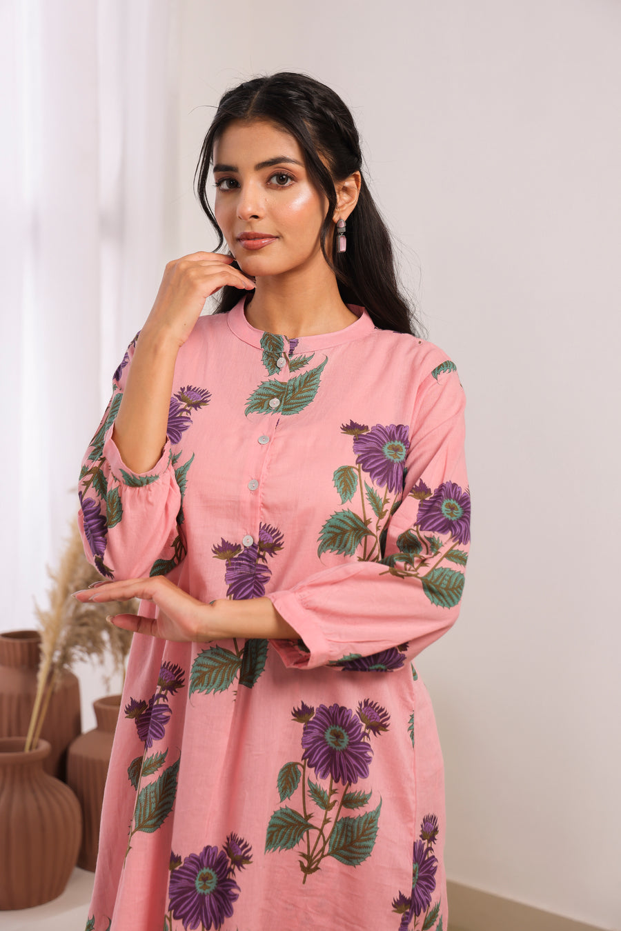 Pink Printed Cotton Mulmul Kurta Afghani Salwar Set