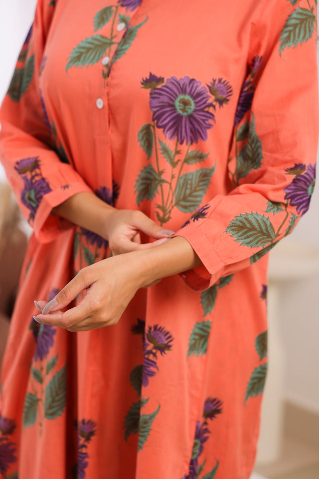 Orange Printed Cotton Mulmul Kurta Afghani Salwar Set