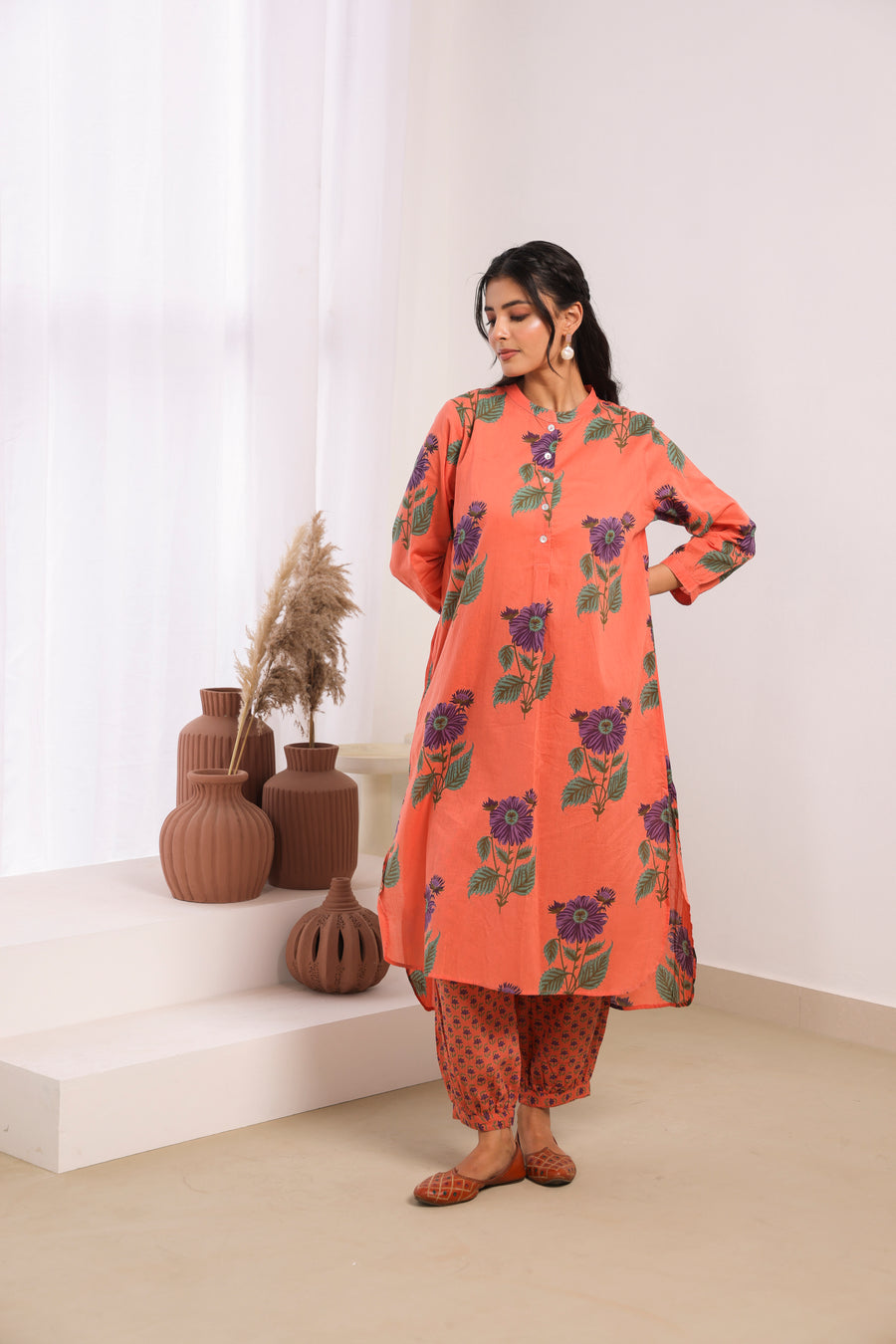 Orange Printed Cotton Mulmul Kurta Afghani Salwar Set
