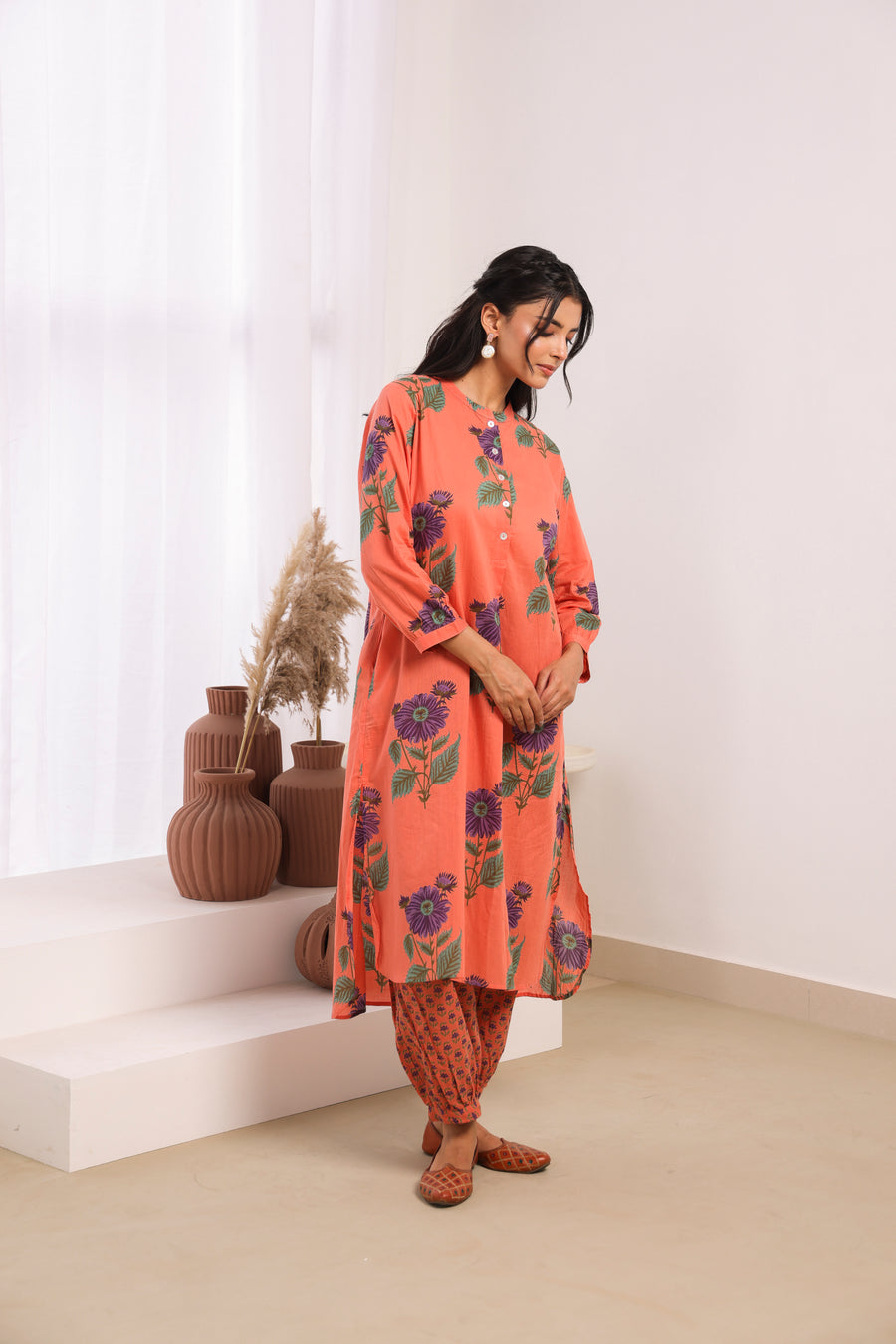 Orange Printed Cotton Mulmul Kurta Afghani Salwar Set