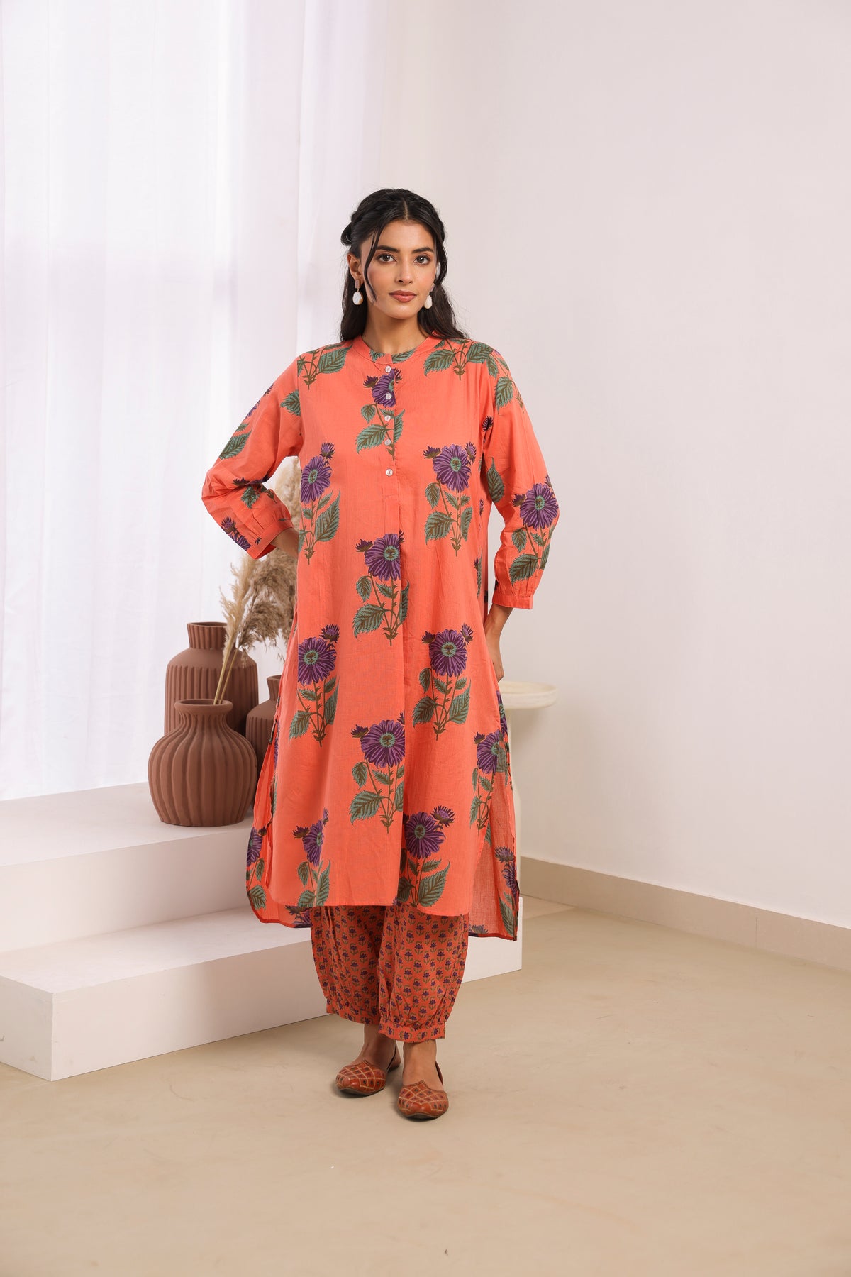 Orange Printed Cotton Mulmul Kurta Afghani Salwar Set