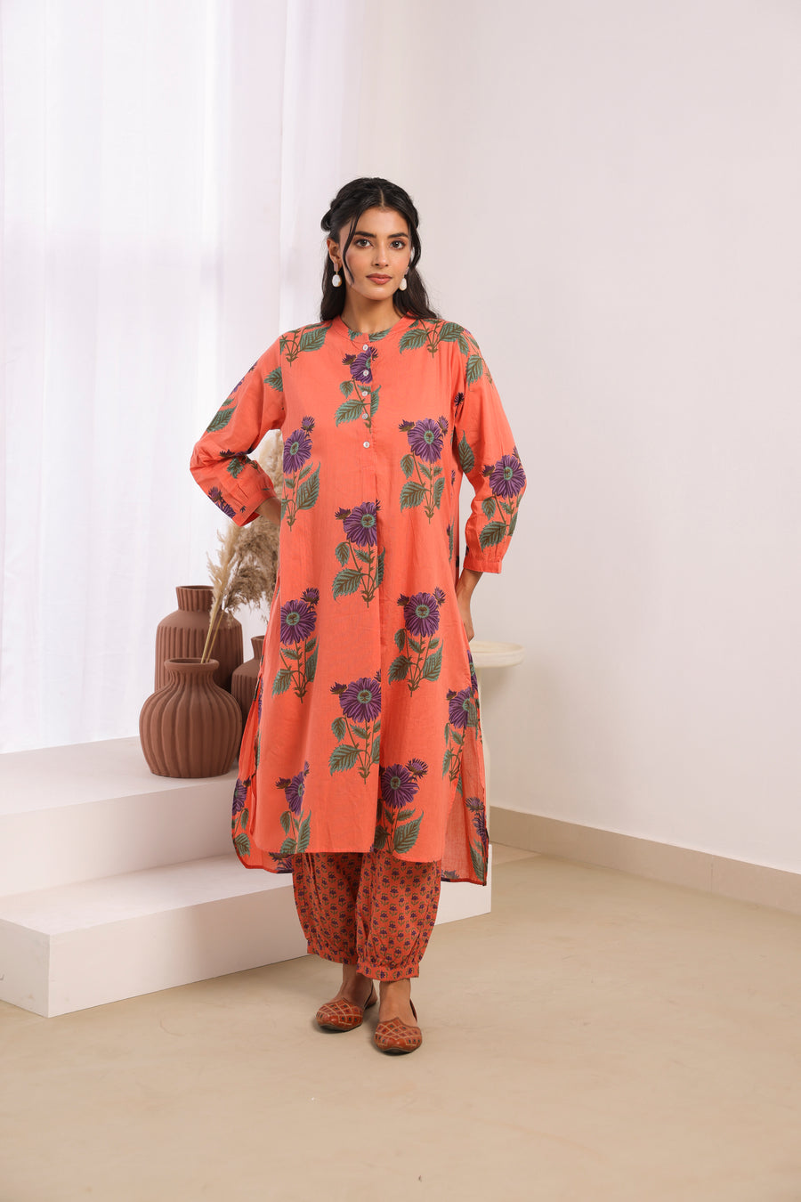 Orange Printed Cotton Mulmul Kurta Afghani Salwar Set