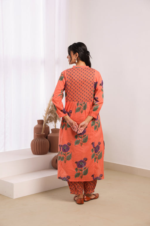 Orange Printed Cotton Mulmul Kurta Afghani Salwar Set