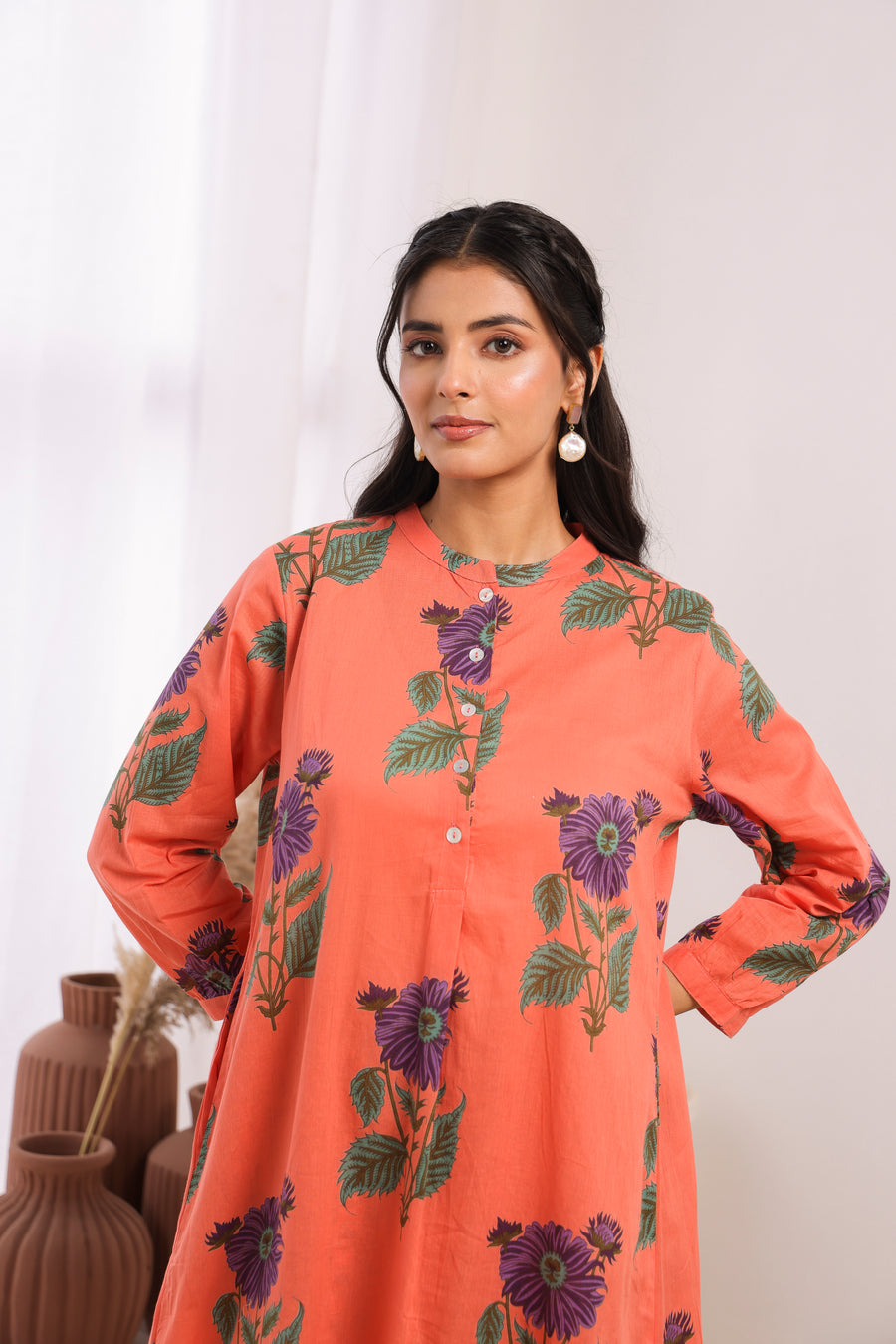 Orange Printed Cotton Mulmul Kurta Afghani Salwar Set