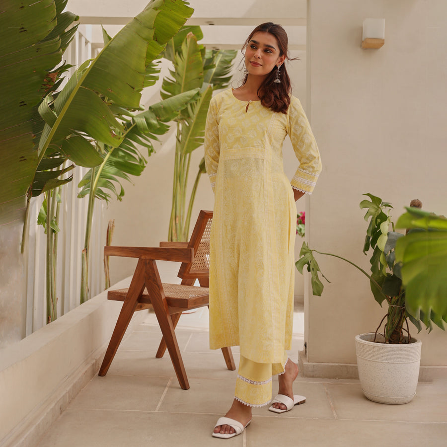 Yellow Chunakhari Printed Cotton Kurta Set with Pearl & Lace Work