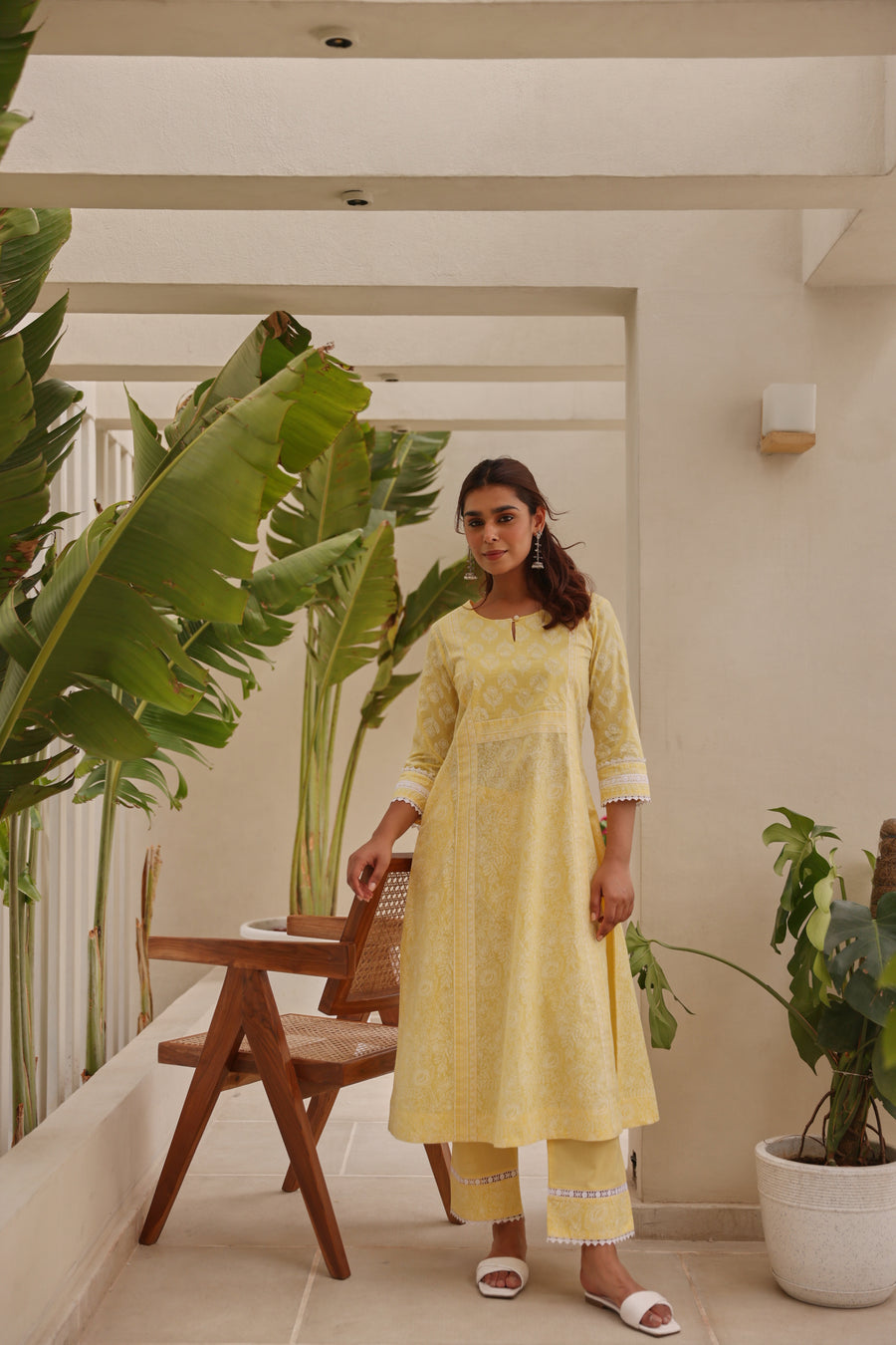 Yellow Chunakhari Printed Cotton Kurta Set with Pearl & Lace Work