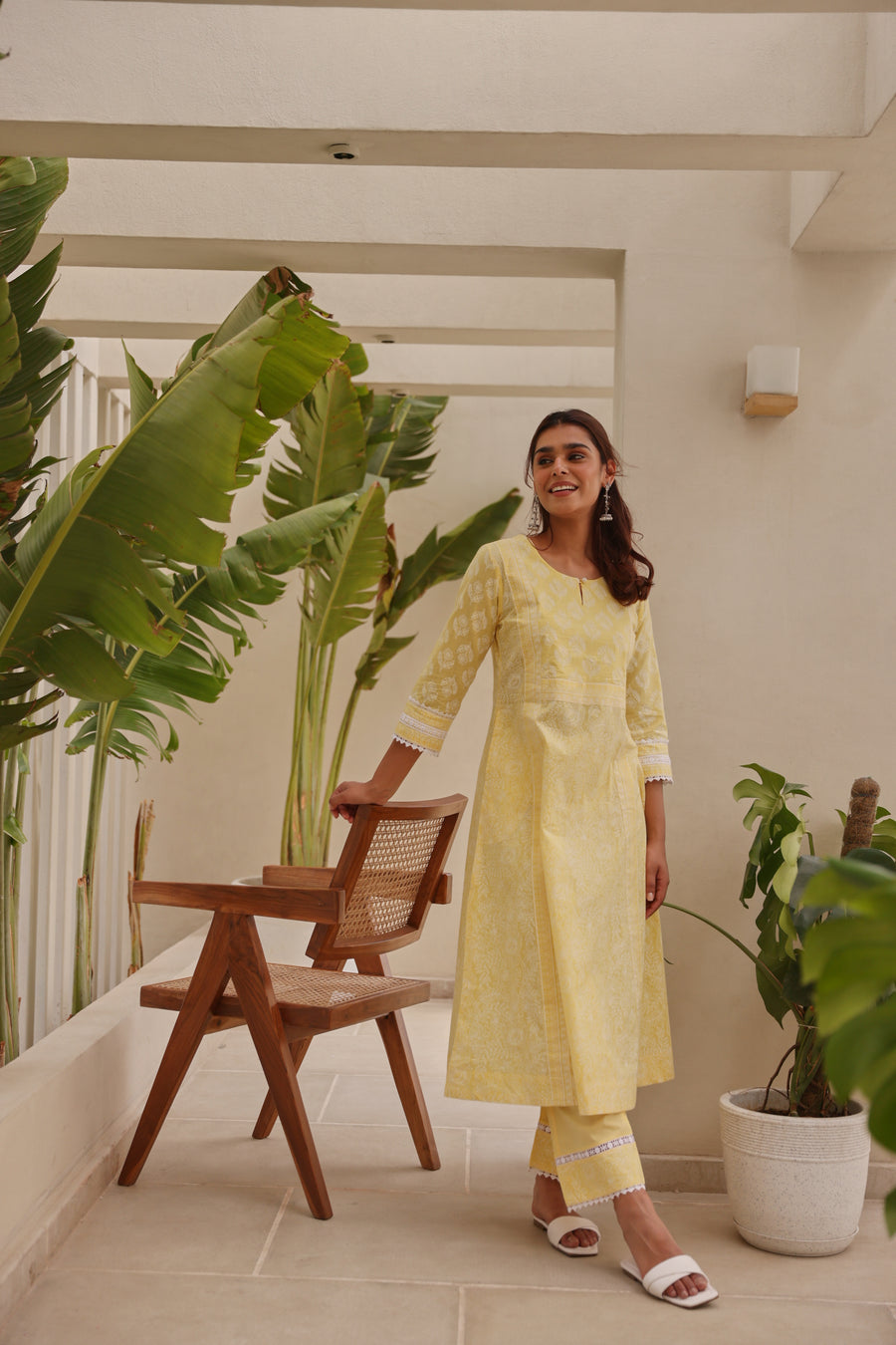 Yellow Chunakhari Printed Cotton Kurta Set with Pearl & Lace Work