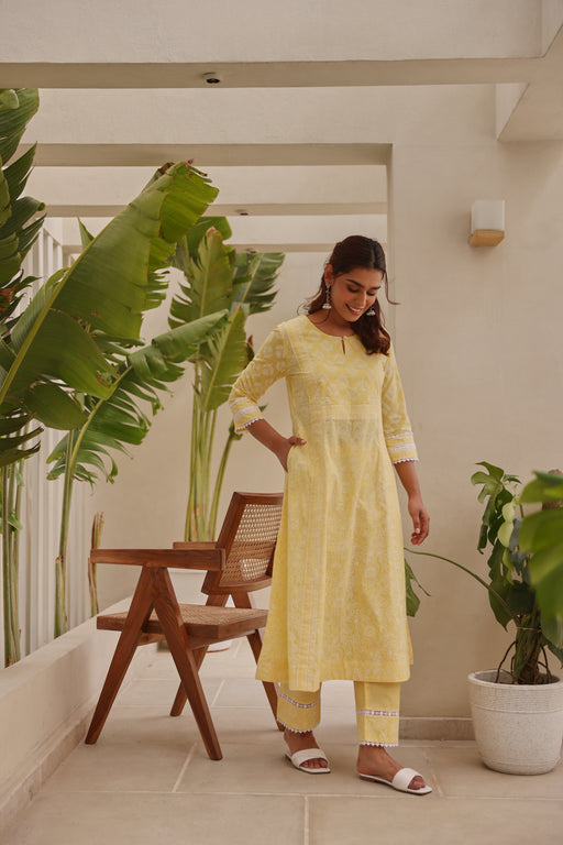 Yellow Chunakhari Printed Cotton Kurta Set with Pearl & Lace Work